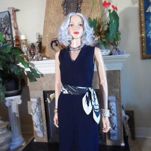 New Akris Navy Blue Wool-Blend V-Neck Sheath Dress Size US 10 - Picture 7 of 16